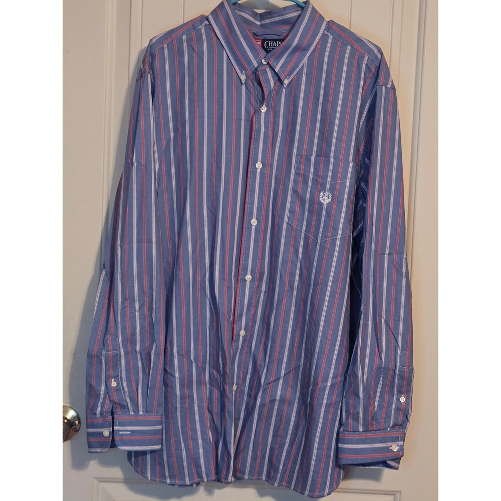 Chaps Mens XL Button Down Shirt Blue Red White Vertical Stripe Long Sleeve